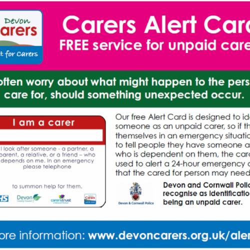 Image of a Devon Carers Alert Card for Unpaid Carers