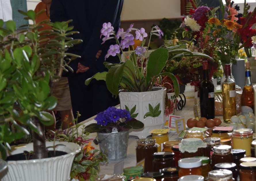 View of the Village Hall showing plant classes and jams and pickles. 2017