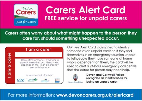 Image of a Devon Carers Alert Card for Unpaid Carers