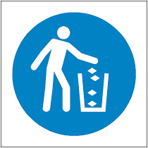 Blue circle on a white background with image of person putting litter in a bin
