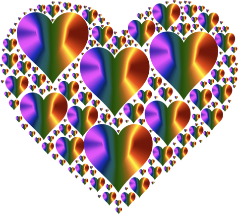 Image of a heart shape made up of different sized hearts in multi colours