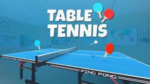 Picture of a table tennis table with a red and blue bat with the words ' Table Tennis' written across.