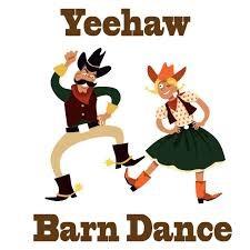 Cartoon image of couple dressed as cowboy and cowgirls dancing.