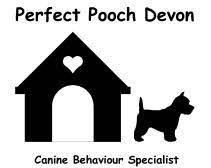 Black silhouette of a dog kennel and dog on a white background with 'Perfect Pooch Devon' written above.