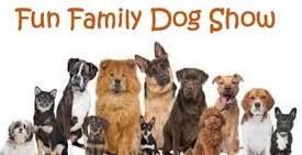 Picture of a row of dogs sitting with 'Fun Family Dog Show@ written above