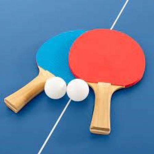 Picture of 2 table tennis bats and a ball lying in a table tennis table