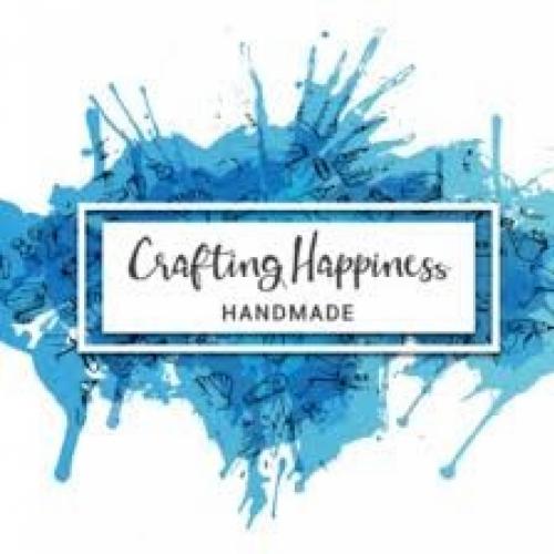 Image of blue splodged paint with Crafting Happiness Handmade written across
