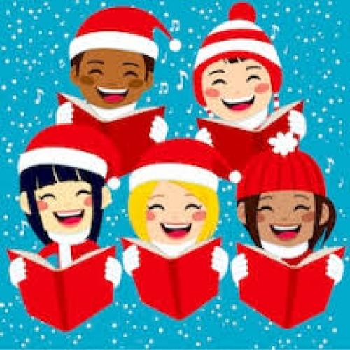 Cartoon image of smiling carol singers
