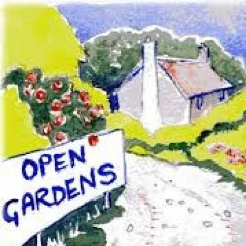 Artist impression showing a cottage with an Open Gardens sign at the entrance