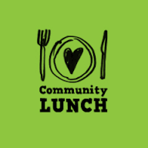 Green background with a had drawn dinner plate with cutlery and 'Communiy Lunch' written below
