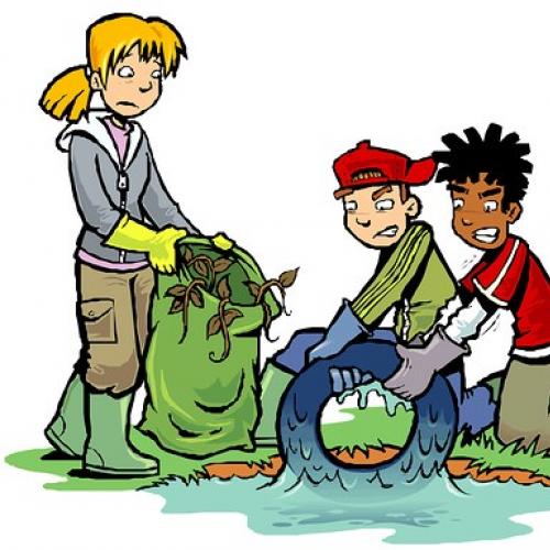 Artist drawing of 3 childrent collecting rubbish.