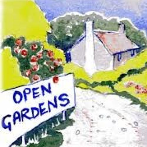 Clipart of a garden with a sign saying Open Gardens