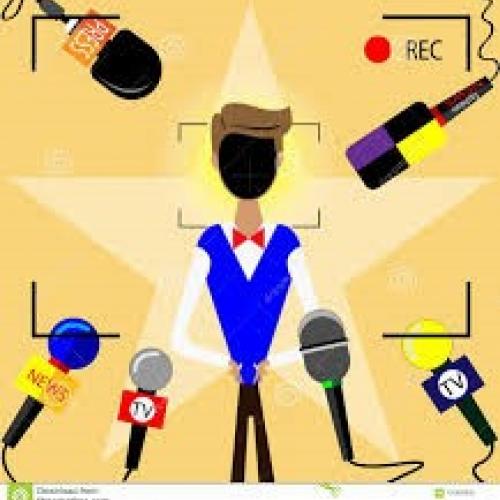 Clip art of man surrounded by microphones and lights