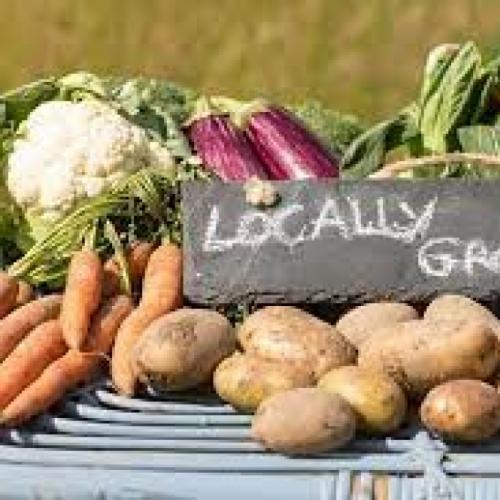 Picture of a selection of vegetables with a sign saying 'Locally Grown'