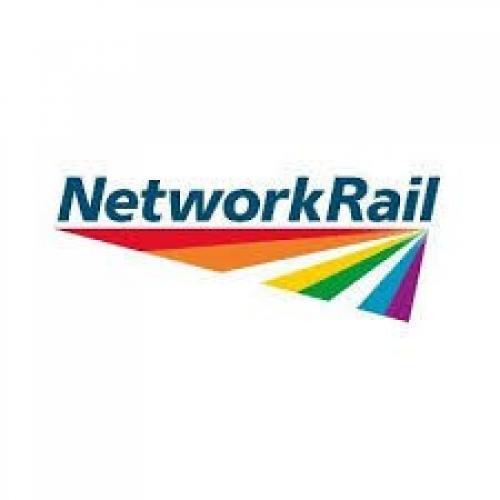 Network Rail logo.  Blue lettering above coloured lines.